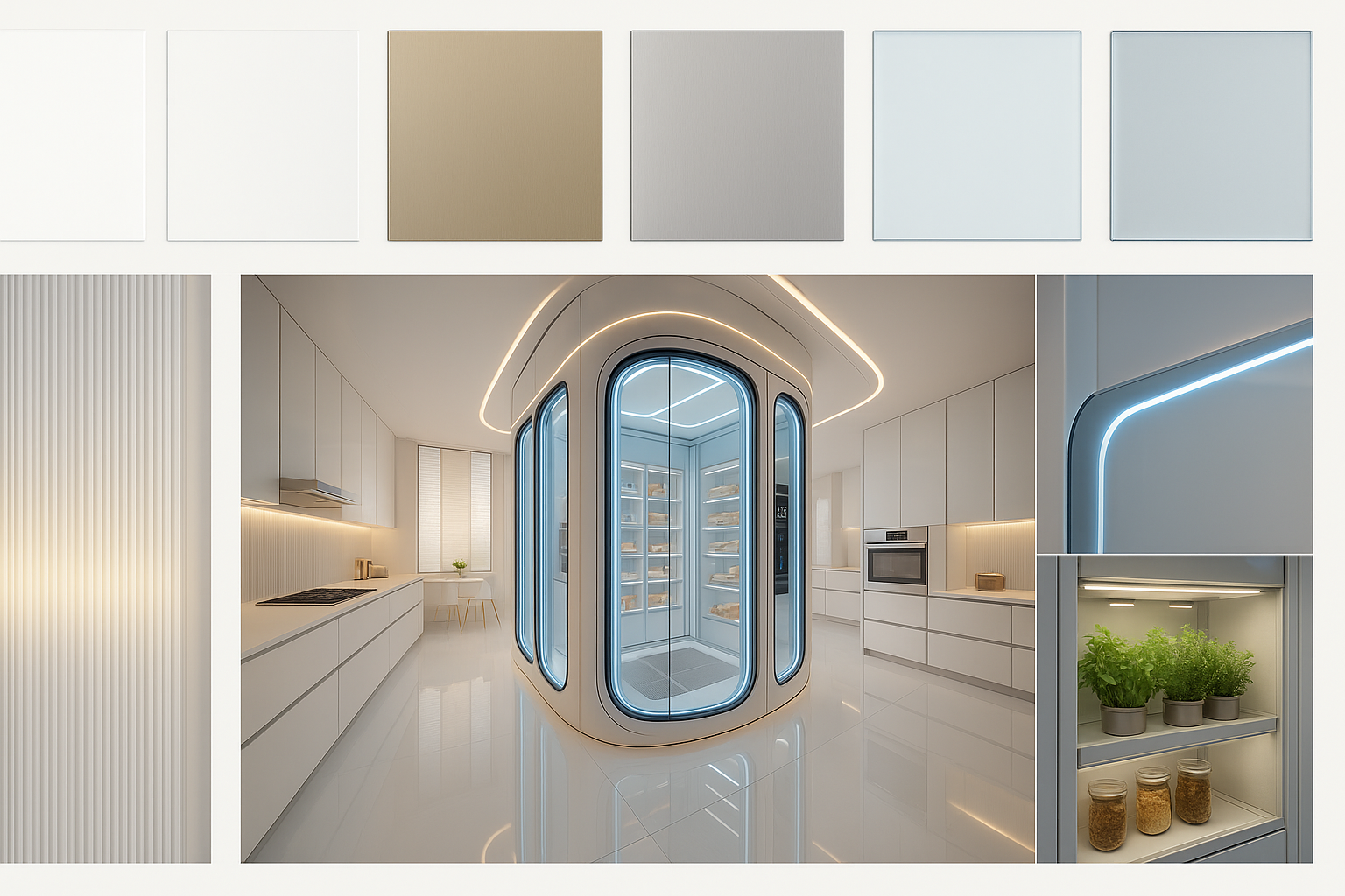 Detailní pohled na futuristickou kuchyň s dokonalým osvětlením
